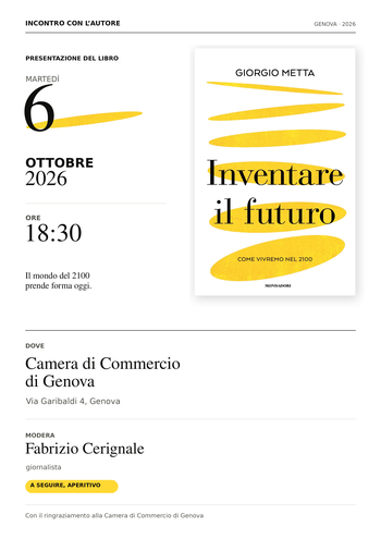 6 ottobre presentazione del libro di Giorgio Metta: “Inventare il futuro. Come vivremo nel 2100”